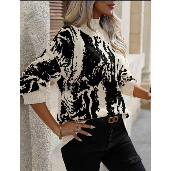 Chic Colorblock High Neck  Drop Shoulder Pullovers - Picture 2 of 6